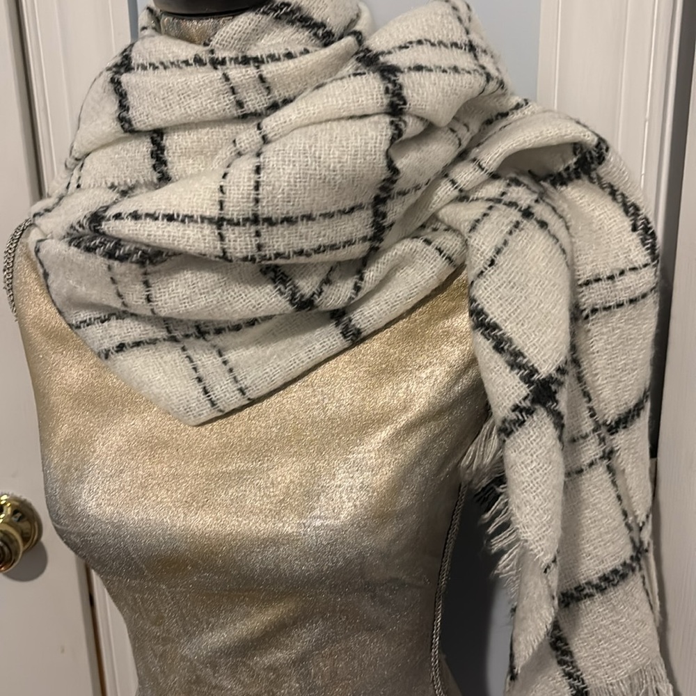 Windowpane Winter White, Black Extra Long/Wide Scarf/Wrap
